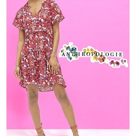 ANTHROPOLOGIE Robin Tiered Mini Dress Red Pink‎ Purple Ruffle VNeck Geo Sz L - Picture 1 of 11